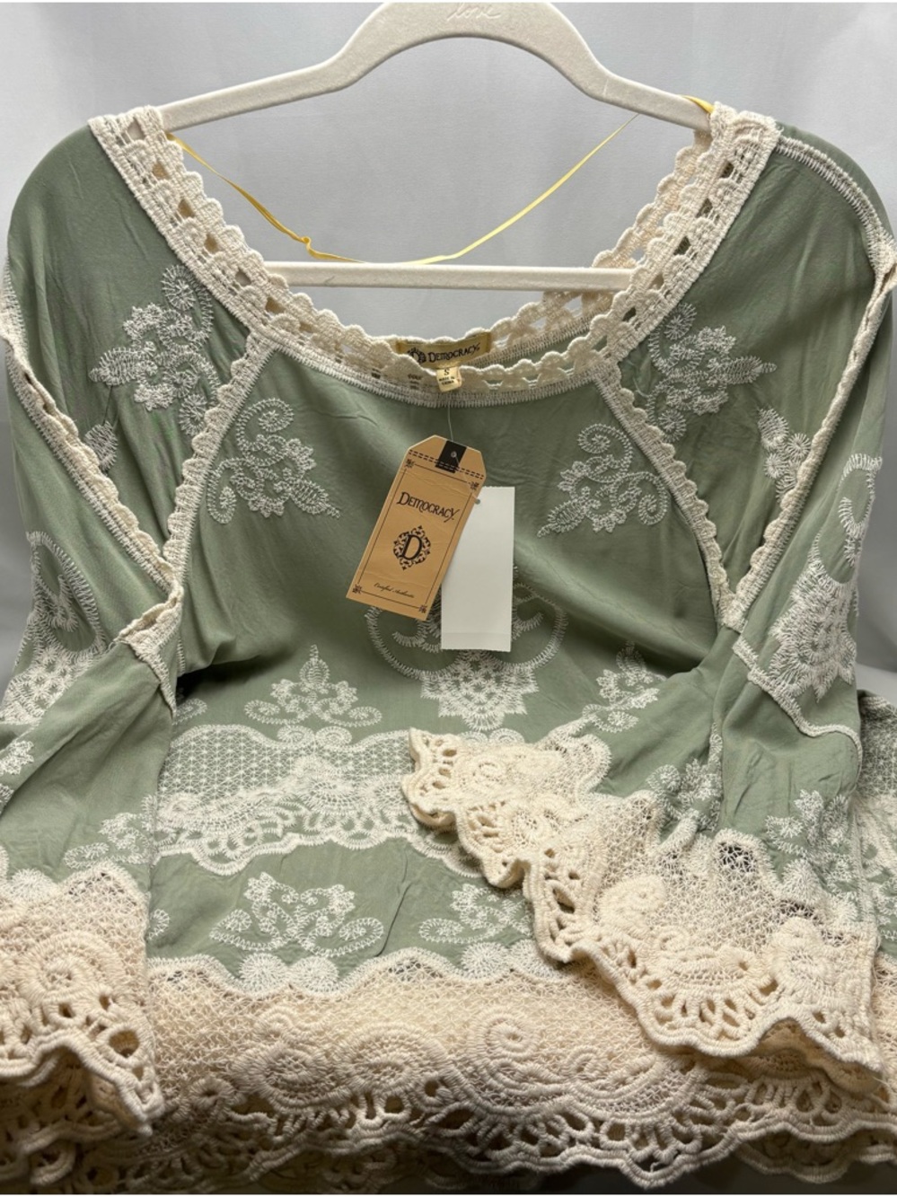 Democracy Sage Green Top with Cream Lace Embroidery #0601